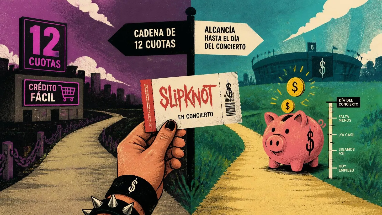 Ilustración de Tavo decidiendo entre pagar a cuotas con tarjeta o ahorrar primero